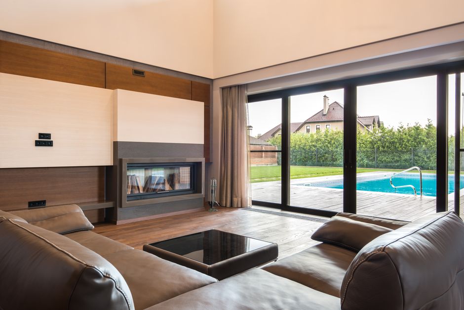 Glass sliding patio door looking out to a garden